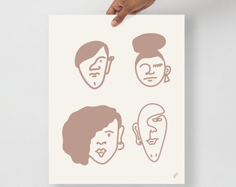 Friends Faces Line Drawing Illustration Art Print