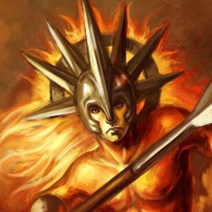 May include: A warrior with a golden helmet and flowing hair rides a brown horse. He holds a spear in his right hand and is surrounded by a fiery orange background.
