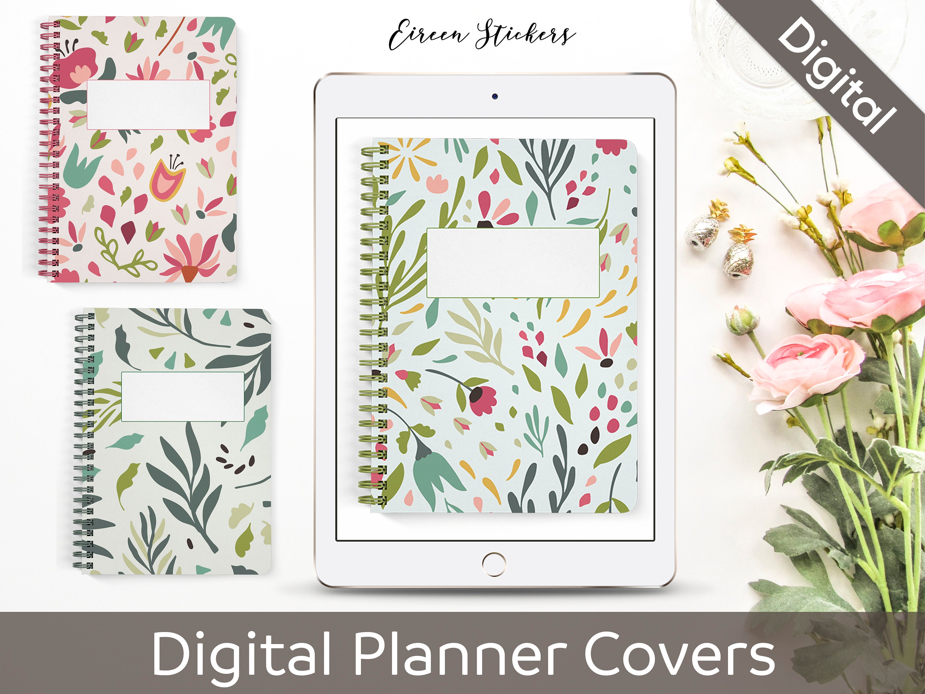 Digital Notebook Covers Set of 3 Floral Digital Bullet Etsy