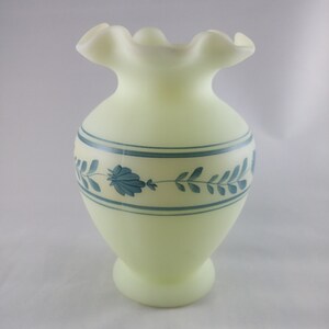 Fenton Satin Custard Hand Painted Blue Garland Glass Vase. Fenton # 7530GA