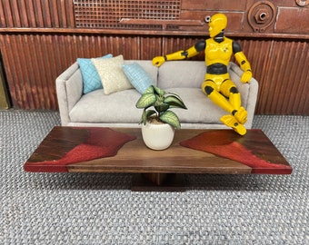 ウォールナット樹脂と石（ジャスパー）で作られた、精巧なミニチュア手作りコーヒーテーブル