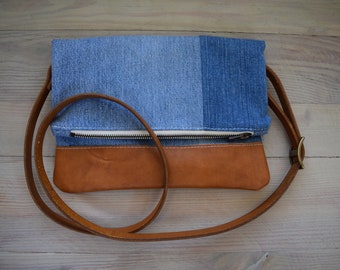 denim and camel leather crossbody/clutch