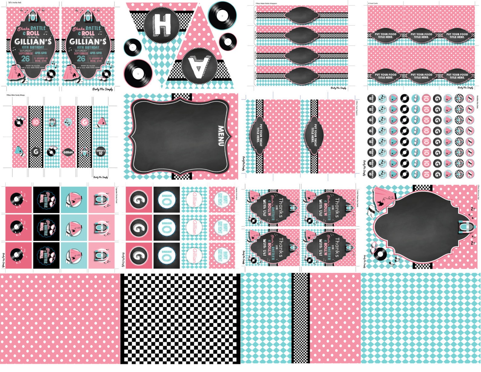 50's Style Retro Customizable Party Pack - Printable With EDITABLE Text ...