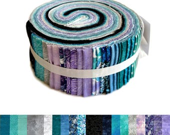 May include: A jelly roll fabric bundle featuring a collection of tightly rolled cotton strips in shades of teal, turquoise, purple, black, and white. The fabric strips display various patterns including dots, swirls, florals, and textures, secured by a white ribbon.