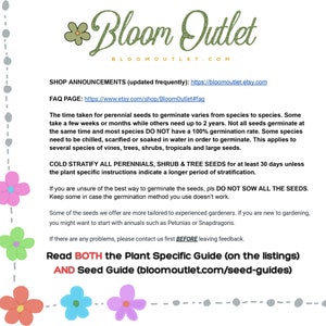 May include: A white and pink floral design with text that reads "Bloom Outlet" and "bloomoutlet.com". The text below reads "Shop Announcements (updated frequently): https://bloomoutlet.etsy.com" and "FAQ PAGE: https://www.etsy.com/shop/BloomOutlet#faq". The text below that reads "The time taken for perennial seeds to germinate varies from species to species. Some take a few weeks or months while others need up to 2 years. Not all seeds germinate at the same time and most species DO NOT have a 100% germination rate. Some species need to be chilled, scarified or soaked in water in order to germinate. This applies to several species of vines, trees, shrubs, tropicals and large seeds."