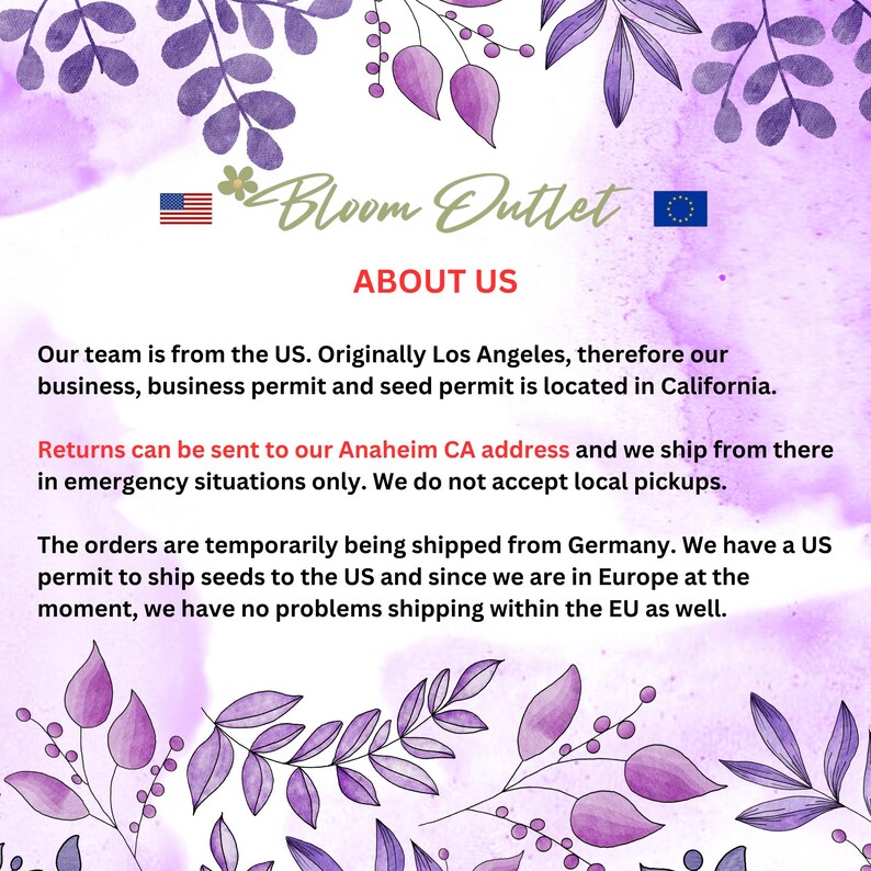 May include: A pink and purple floral background with the text "Bloom Outlet" and "About Us". The text explains that the company is based in the US, but ships from Germany. Returns can be sent to an address in Anaheim, California.