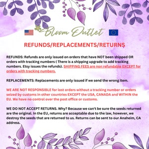 May include: A floral-themed graphic with the text "Bloom Outlet" and information on refunds, replacements, and returns. The text is in black and red, with a watercolor background and floral accents.