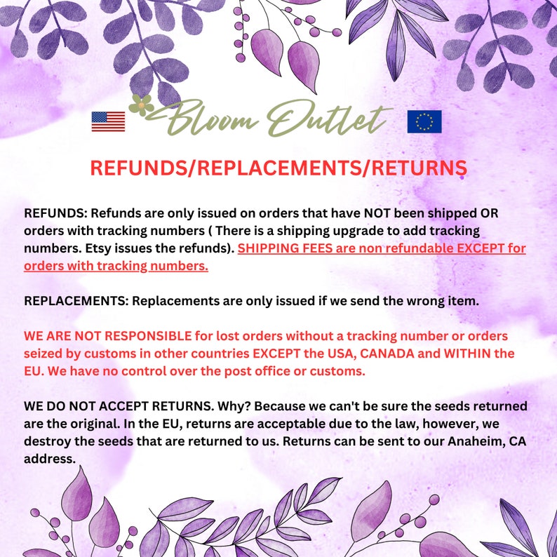 May include: A floral-themed graphic with the text "Bloom Outlet" and information on refunds, replacements, and returns. The text is in black and red, with a watercolor background and floral accents.