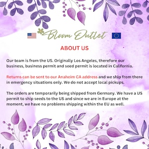 May include: A pink and purple floral background with the text "Bloom Outlet" and "About Us". The text explains that the company is based in the US and ships from Germany. Returns can be sent to an Anaheim, CA address.
