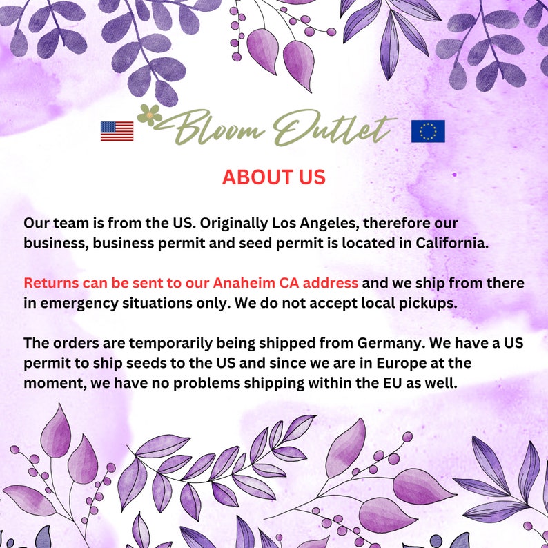 May include: A pink and purple floral background with the text "Bloom Outlet" and "About Us". The text explains that the company is based in the US and ships from Germany. Returns can be sent to an Anaheim, CA address.