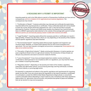 May include: A white sheet of paper with a bright red border and a title that reads "6 Reasons Why a Permit is Important". The text explains the consequences of importing seeds into the USA without a permit, including confiscation, legal penalties, environmental impact, disruption of the agricultural industry, loss of investment, and regulatory action.