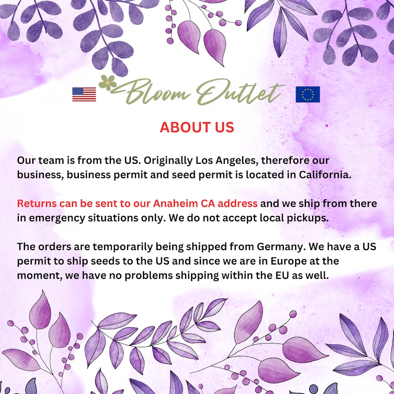 May include: A pink and purple floral background with the text "Bloom Outlet" and "About Us". The text explains that the company is based in the US and ships from Germany. Returns can be sent to an Anaheim, CA address.
