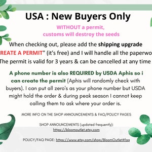 May include: A white and green informational graphic with text about purchasing seeds in the USA. The text includes instructions on how to create a permit and the requirements for new buyers.