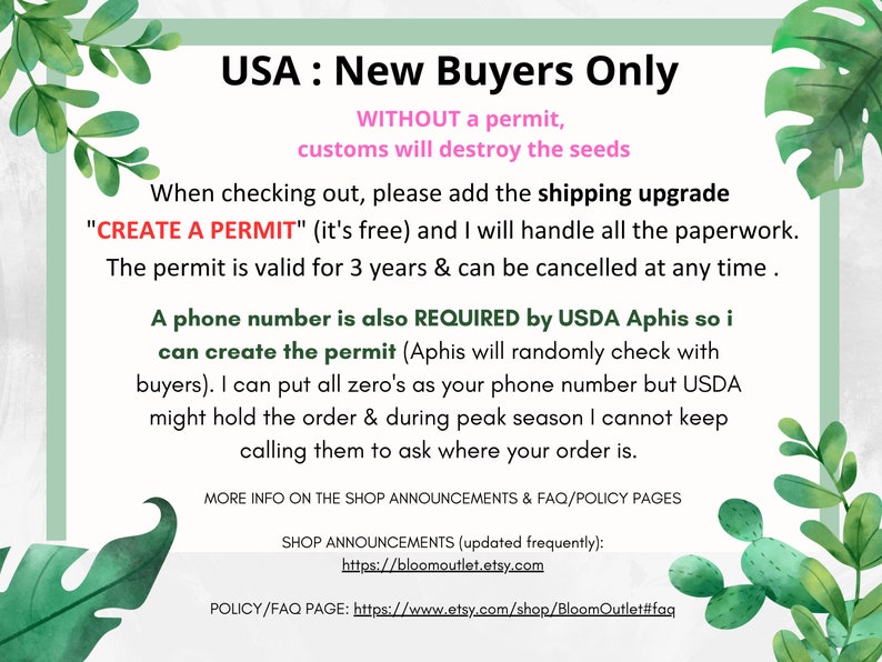 May include: A white and green informational graphic with text about purchasing seeds in the USA. The text includes instructions on how to create a permit and the requirements for new buyers.