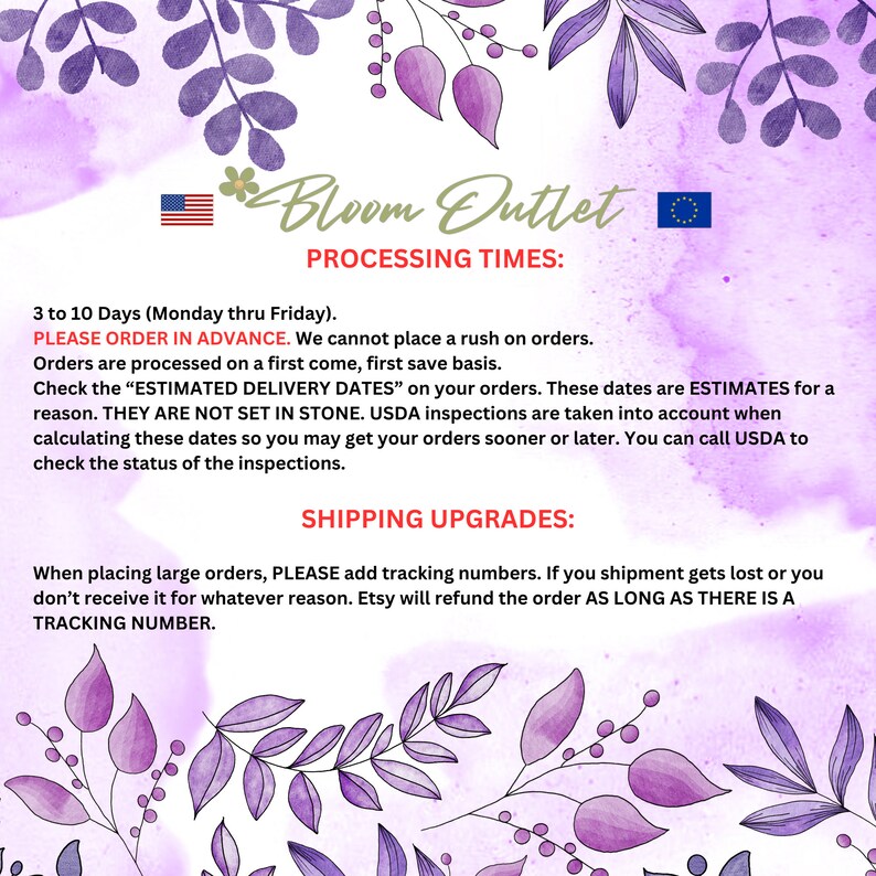 May include: A pink and purple floral background with the text "Bloom Outlet" and "Processing Times:" in black text. The text below explains the processing times for orders and includes information about estimated delivery dates and shipping upgrades. The text includes the phrase "PLEASE ORDER IN ADVANCE" and "AS LONG AS THERE IS A TRACKING NUMBER."