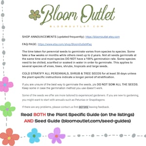 K&ouml;nnte beinhalten: Ein wei&szlig;-rosa florales Design mit dem Text "Bloom Outlet" und "bloomoutlet.com". Der Text darunter lautet "Shop Announcements (updated frequently): https://bloomoutlet.etsy.com" und "FAQ PAGE: https://www.etsy.com/shop/BloomOutlet#faq". Der Text darunter lautet "Die Zeit, die es dauert, bis mehrj&auml;hrige Samen keimen, variiert von Art zu Art. Einige brauchen ein paar Wochen oder Monate, w&auml;hrend andere bis zu 2 Jahre brauchen. Nicht alle Samen keimen gleichzeitig und die meisten Arten haben keine 100%ige Keimrate. Einige Arten m&uuml;ssen gek&uuml;hlt, scarifiziert oder in Wasser eingeweicht werden, um zu keimen. Dies gilt f&uuml;r mehrere Arten von Reben, B&auml;umen, Str&auml;uchern, tropischen Pflanzen und gro&szlig;en Samen."