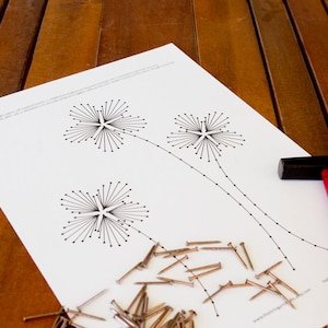 May include: A white sheet of paper with a black and white line drawing of three stylised dandelions. A hammer and a pile of nails are on the paper. The text "String Art" is at the bottom of the page.