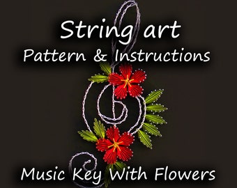 String art pattern & instructions "Music Key With Flowers" | Music Key | String art pattern | String art tutorial | String art template |DIY