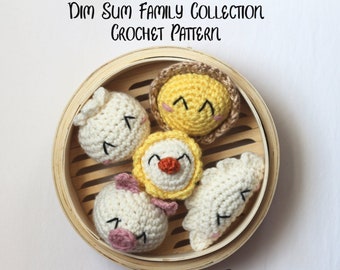 DIM SUM Crochet PATTERN - amigurumi Chignon cuit à la vapeur, Cha siu bao, Dumpling, Siu mai, Egg tart en peluche jouer ornement alimentaire