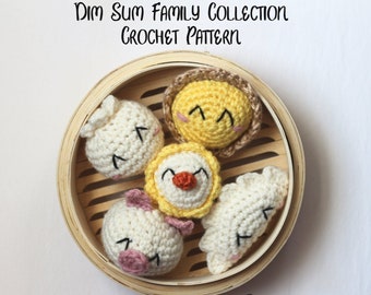 DIM SUM haakpatroon - amigurumi gestoomd broodje, Cha siu bao, knoedel, Siu mai, eiertaart pluche speelvoedselornament