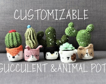 SUCCULENT in animal FACEPOT - crochet cactus with cat, dog, corgi, penguin, fox - Pattern design by Bigbebez