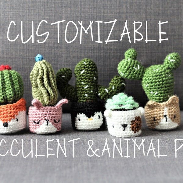 SUCCULENT in animal FACEPOT - crochet cactus with cat, dog, corgi, penguin, fox - Pattern design by Bigbebez