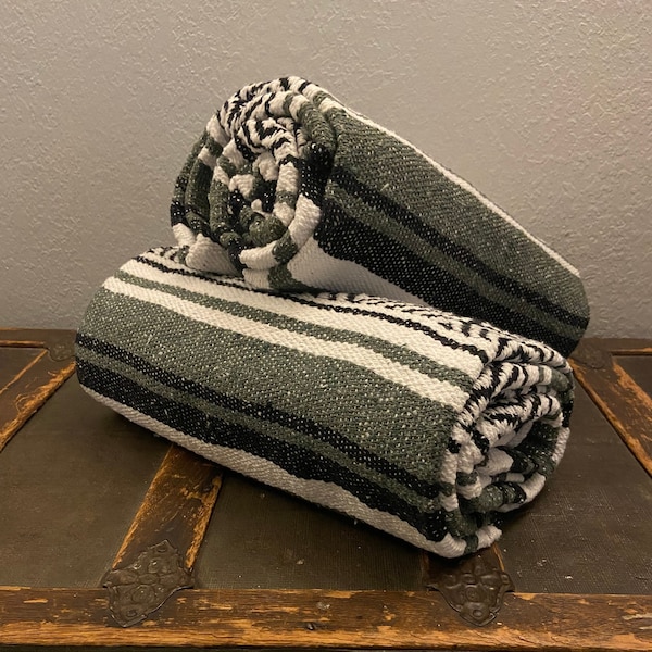 Premium Green, Black and White Mexican Blanket