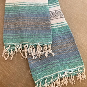 Aqua, Silver, and White Mexican Blanket