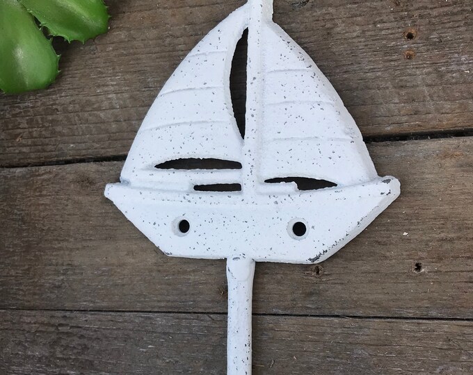 Sail Boat Wall Hook Made of Cast Iron. Shown in a Distressed Etsy