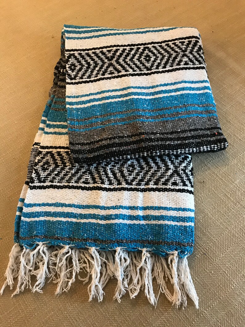 Turquoise Charcoal Black and White Mexican Blanket Etsy