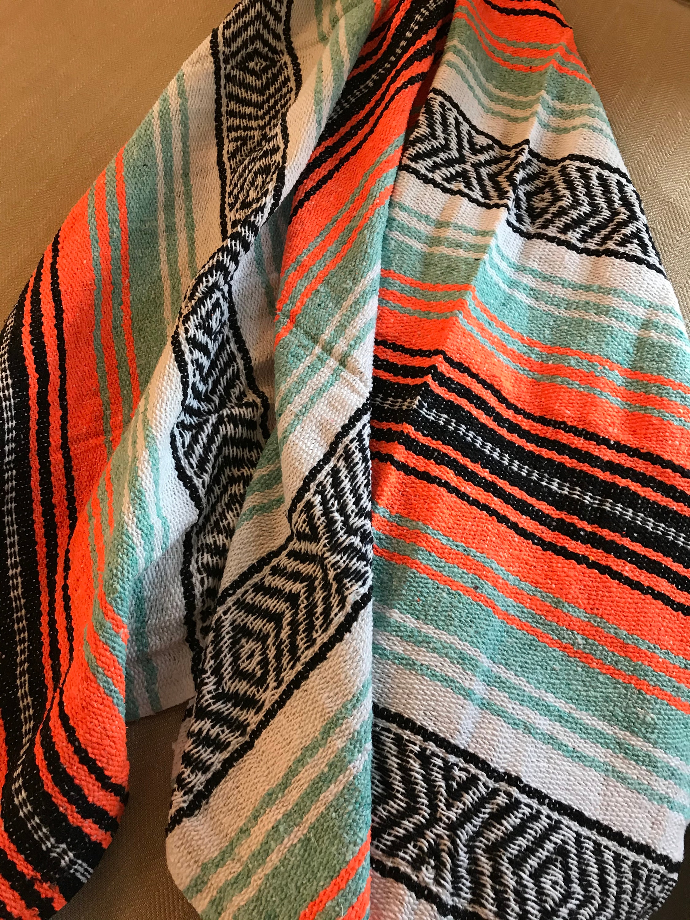 Aqua Tangerine Black and White Mexican Blanket Etsy