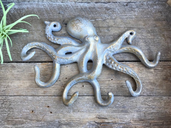 Metal Octopus Wall Hook Made of Cast Iron. This is a Fantastic Piece, Fun  and Functional Shown in the New Mercury Finish. 
