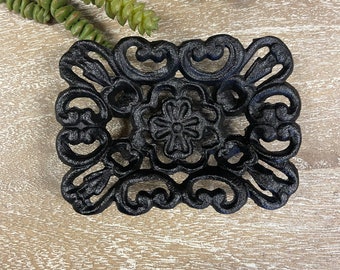 Solid Cast Iron Clover soap dish finished in the Black Gunmetal Finish