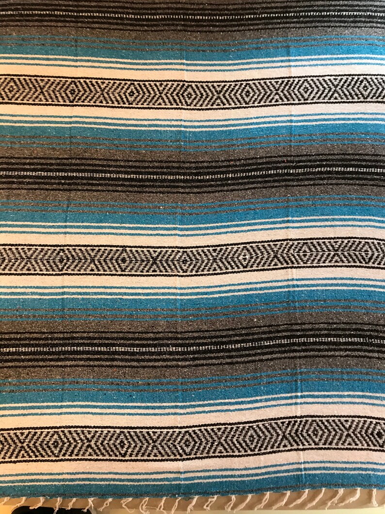 Turquoise Charcoal Black and White Mexican Blanket Etsy