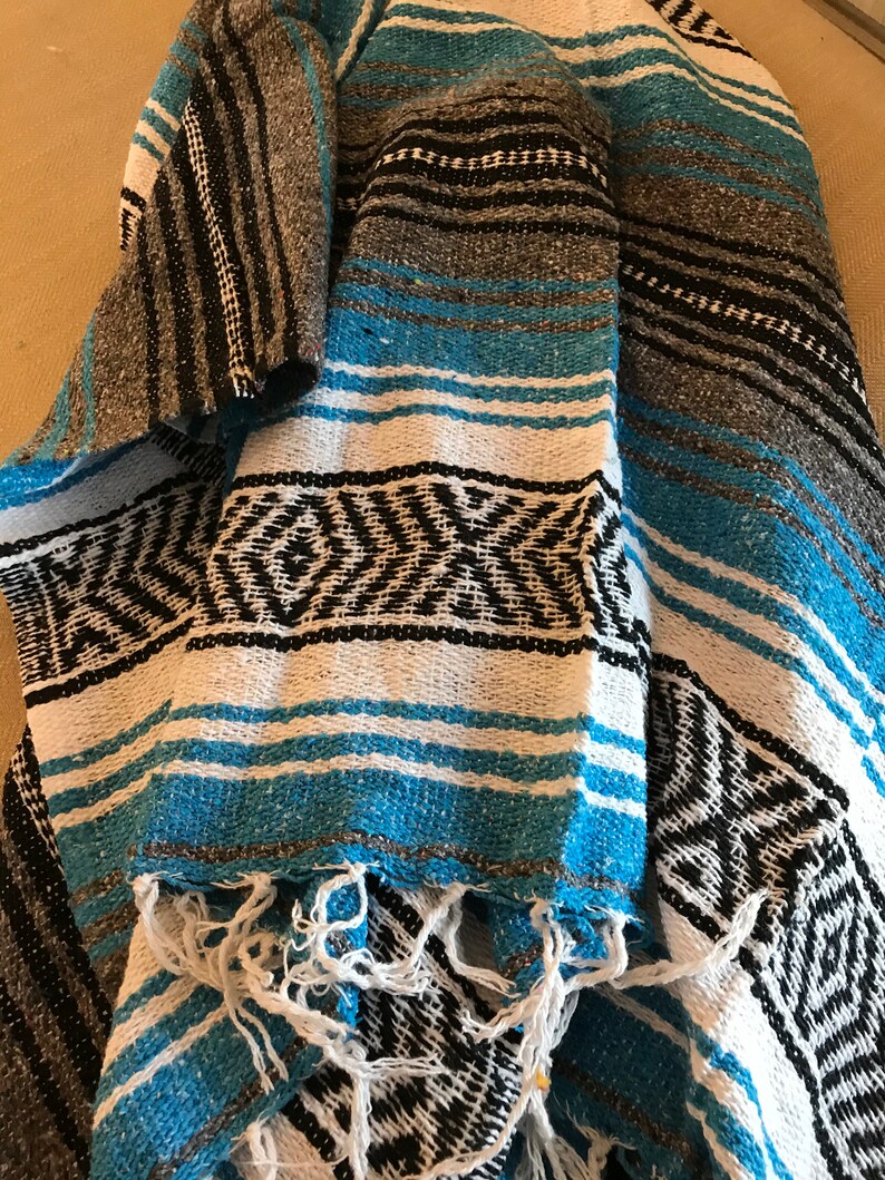 Turquoise Charcoal Black and White Mexican Blanket Etsy