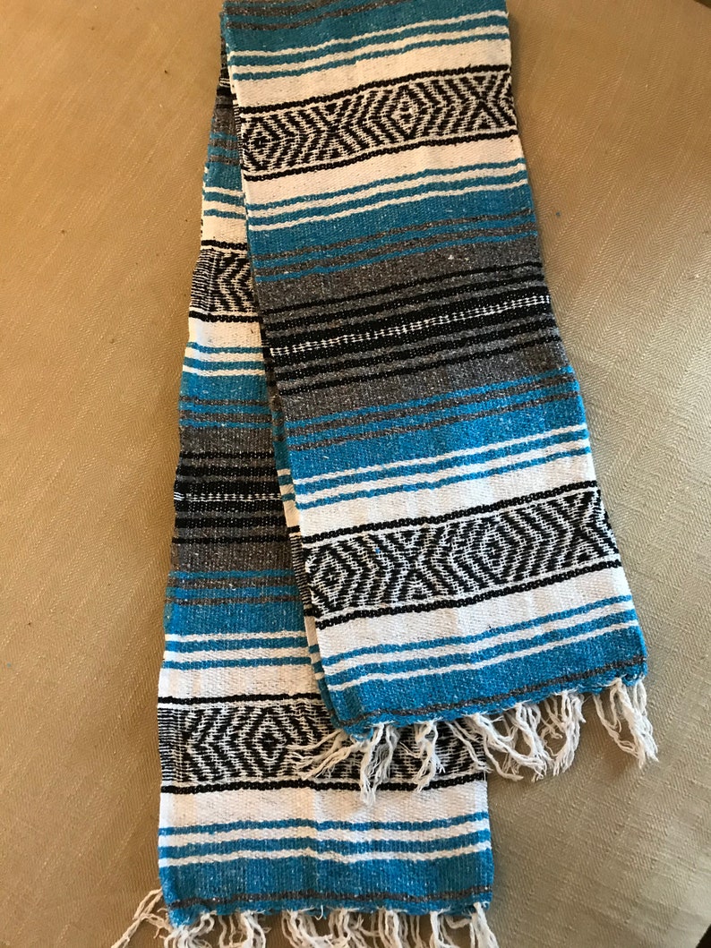 Turquoise Charcoal Black and White Mexican Blanket Etsy