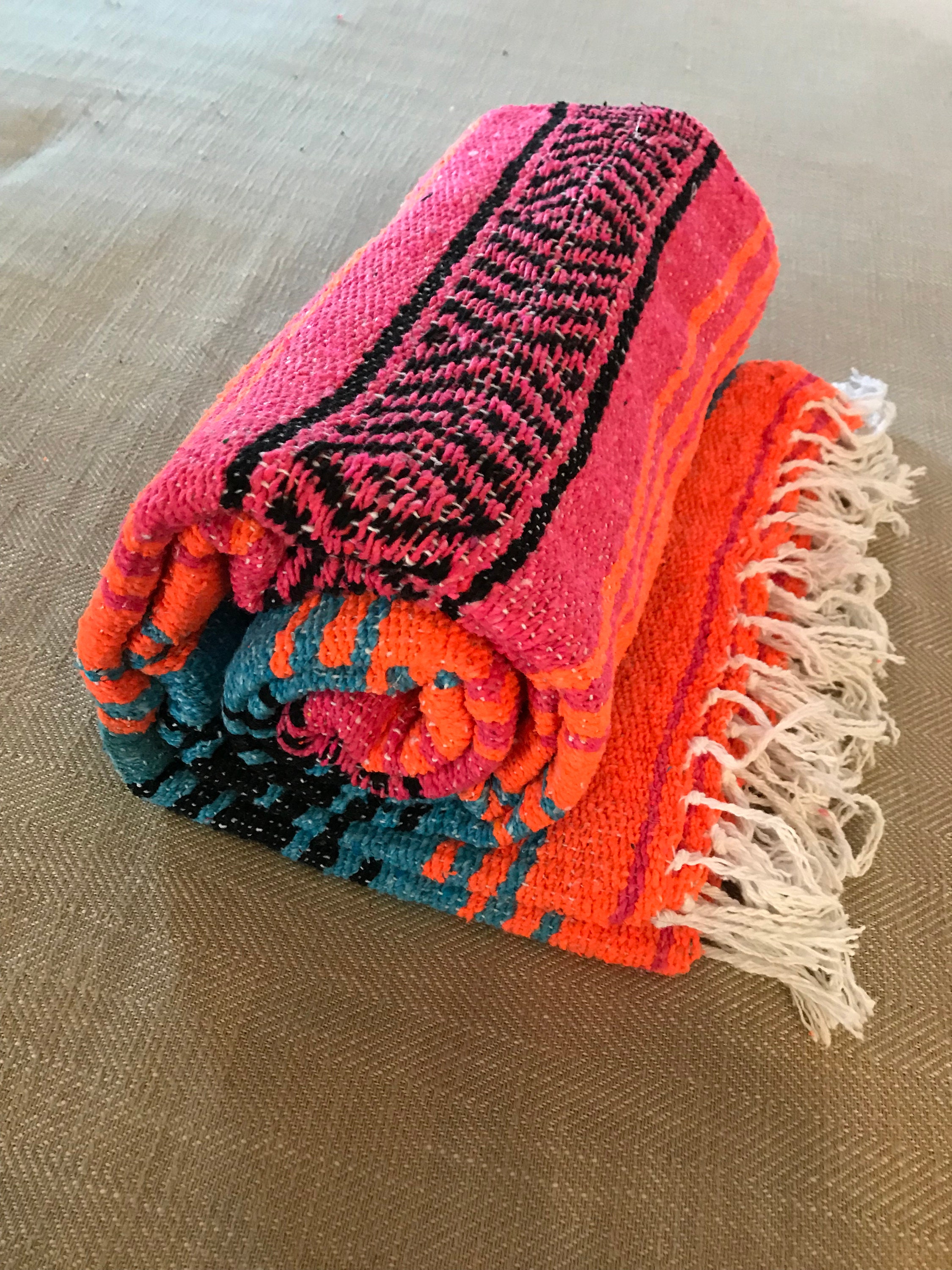 Orange Turquoise Pink and Black Mexican Blanket Etsy