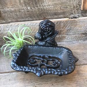 Beautiful Rose soap dish made of cast iron. Elegant and timeless in the black gunmetal finish