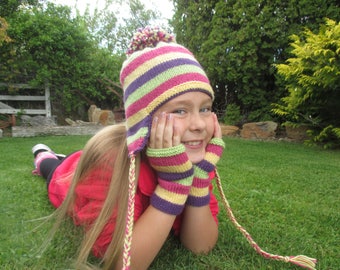 EAR FLAP hat and fingerless mitts PDF knitting pattern, 8 ply, 4 - 10 years, earflap hat, fingerless mitts, matching set, striped hat, mitts
