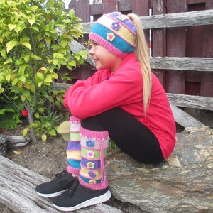 PONYTAIL HAT and leg warmers PDF knitting pattern, no. 1627, flower hat, crochet flowers, leg warmers,  ponytail hat, messy bun hat, stripes