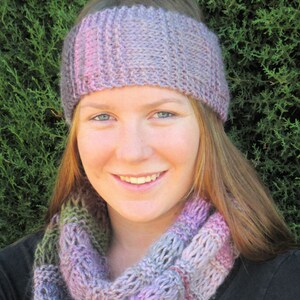 COWL - HEADBAND  No 2825 Knitted with 14 ply in loop  stitch, knitted head band, knitted cowl, chunky, pdf pattern, matching set