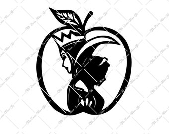Könnte beinhalten: Schwarz-weiße Silhouette eines Frauenkopfes in einem Apfel mit einem Blatt oben. Die Frau trägt eine Krone und einen Umhang.