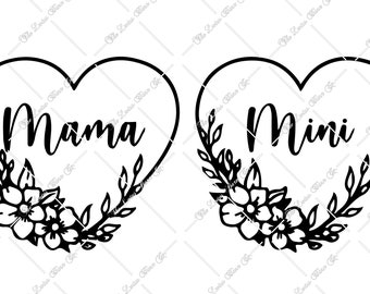 May include: Two black heart-shaped outlines with floral designs and the words "Mama" and "Mini" inside.