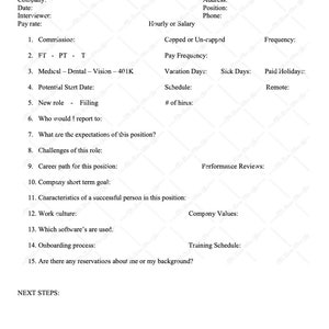 Puede incluir: Una lista de verificación de preguntas de entrevista en blanco y negro con secciones para información de la empresa, compensación, beneficios, revisiones de desempeño, valores de la empresa y programa de capacitación.