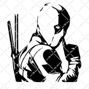 May include: Black and white silhouette of a masked figure with a weapon, possibly a sword or knife, in their hand. The figure is wearing a hooded cloak and has a determined expression.