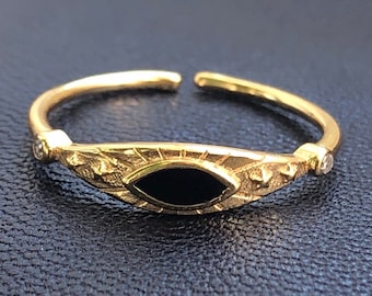 Flynt- Black Onyx Ring, 14k Gold Plated,  925 Sterling Silver Ring, Gold statement Ring, Onyx Ring, Enamel, Adjustable, Snake eye ring