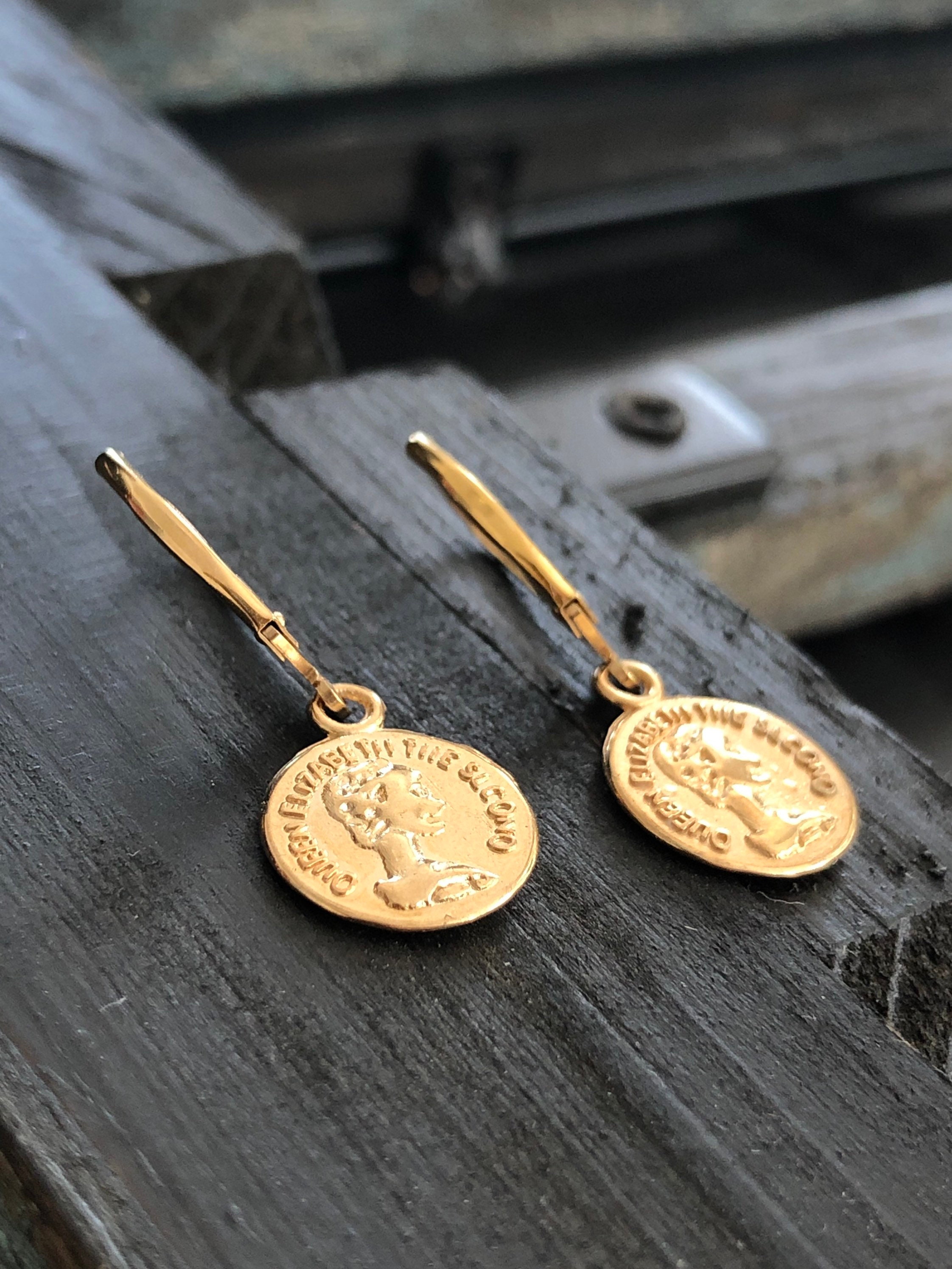 Huggie Small Hoop Earrings with Coin Queen Elizabeth Charm, 18K Gold Plated  Sterling Silver Drop Dangle