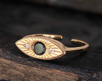Zhaire- Black Crystal Ring, 18k Gold Plated,  925 Sterling Silver Ring, Gold statement Ring, faux Onyx Ring, Adjustable, Snake eye ring