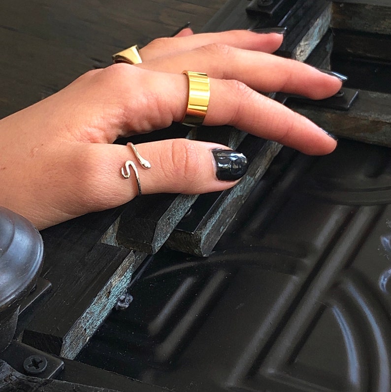 May include: A hand wearing three gold rings, one on the thumb, one on the index finger, and one on the middle finger. The ring on the thumb is a silver snake design.