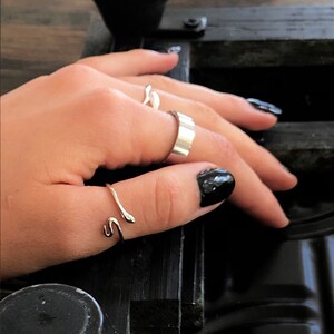 May include: A hand wearing three silver rings. The ring on the thumb is a snake design. The ring on the middle finger is a simple band. The ring on the index finger is a more intricate design.